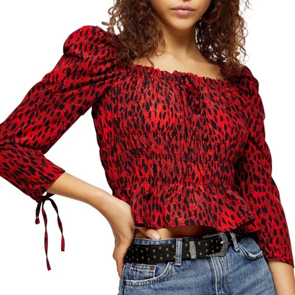 TOPSHOP Smocked Red Cheetah Print Crop Top